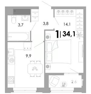 1-к квартира, строящийся дом, 34м2, 14/17 этаж
