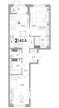 2-к квартира, вторичка, 63м2, 3/16 этаж