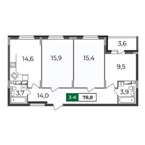 3-к квартира, строящийся дом, 79м2, 14/17 этаж