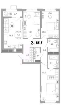 3-к квартира, вторичка, 86м2, 5/16 этаж