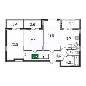 3-к квартира, вторичка, 71м2, 9/17 этаж