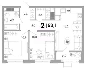 2-к квартира, вторичка, 53м2, 7/16 этаж