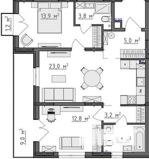 2-к квартира, вторичка, 72м2, 1/9 этаж