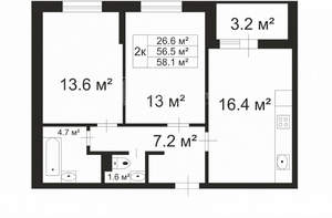2-к квартира, сданный дом, 58м2, 10/17 этаж