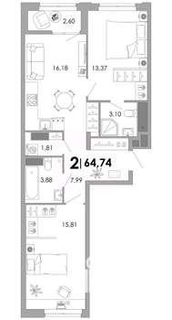 2-к квартира, вторичка, 65м2, 4/17 этаж