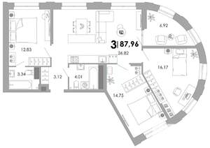 3-к квартира, вторичка, 88м2, 7/17 этаж