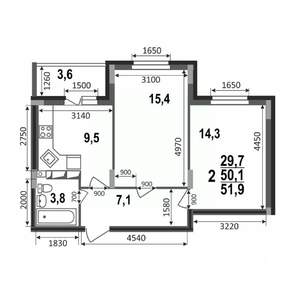 2-к квартира, вторичка, 52м2, 5/17 этаж