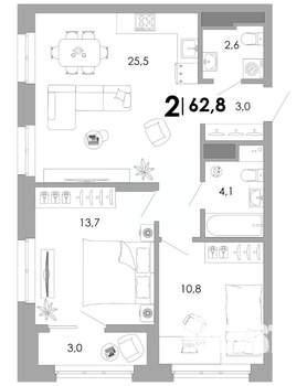 2-к квартира, вторичка, 63м2, 14/17 этаж