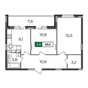 2-к квартира, строящийся дом, 57м2, 16/17 этаж