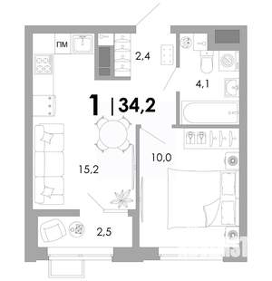 1-к квартира, вторичка, 34м2, 2/16 этаж