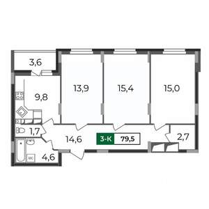 3-к квартира, строящийся дом, 80м2, 9/17 этаж