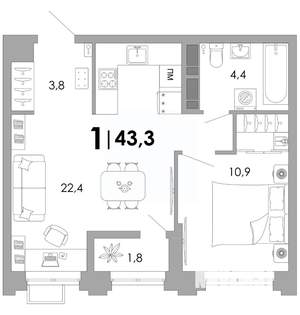 1-к квартира, вторичка, 43м2, 2/16 этаж