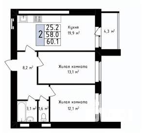 2-к квартира, вторичка, 60м2, 13/14 этаж