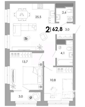 2-к квартира, вторичка, 63м2, 4/17 этаж