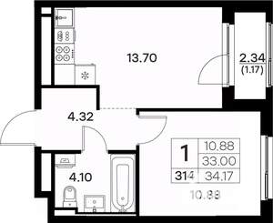 1-к квартира, вторичка, 34м2, 11/17 этаж