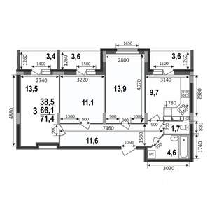 3-к квартира, строящийся дом, 71м2, 4/17 этаж