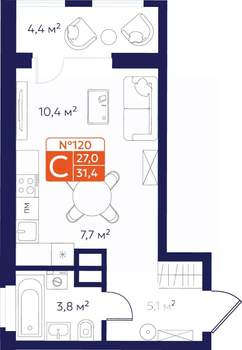 Студия квартира, вторичка, 29м2, 6/9 этаж