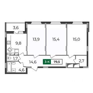 3-к квартира, строящийся дом, 80м2, 14/17 этаж