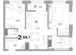 2-к квартира, вторичка, 54м2, 8/17 этаж