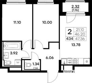 2-к квартира, вторичка, 47м2, 11/17 этаж