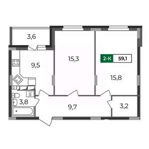 2-к квартира, строящийся дом, 59м2, 12/17 этаж