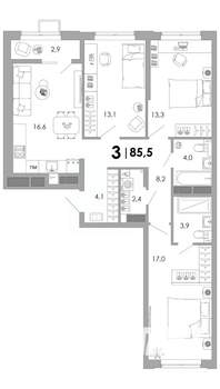 3-к квартира, строящийся дом, 86м2, 3/16 этаж