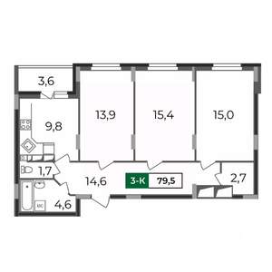3-к квартира, строящийся дом, 80м2, 17/17 этаж