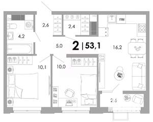 2-к квартира, вторичка, 53м2, 14/16 этаж