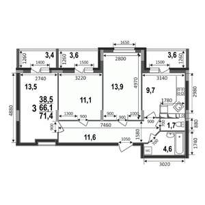 3-к квартира, строящийся дом, 71м2, 11/17 этаж