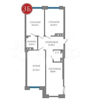 3-к квартира, вторичка, 96м2, 2/10 этаж