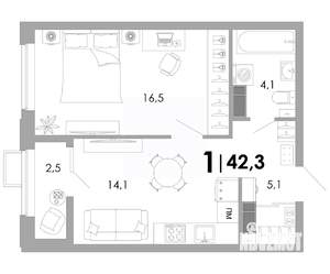 1-к квартира, вторичка, 42м2, 12/16 этаж