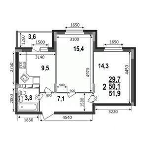 2-к квартира, строящийся дом, 52м2, 16/17 этаж