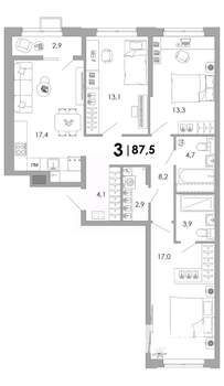 3-к квартира, вторичка, 88м2, 2/16 этаж