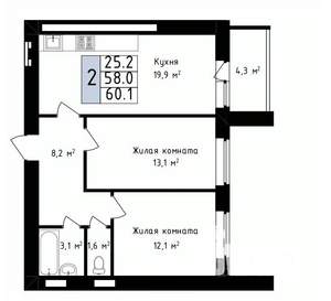 2-к квартира, вторичка, 60м2, 12/14 этаж