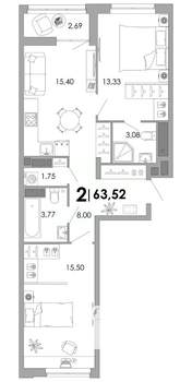 2-к квартира, вторичка, 64м2, 6/17 этаж