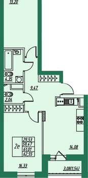 2-к квартира, вторичка, 61м2, 1/8 этаж