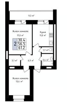 2-к квартира, вторичка, 61м2, 4/14 этаж