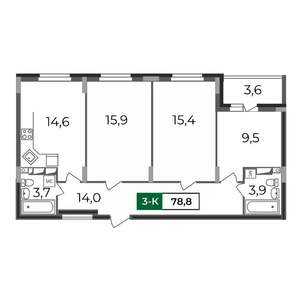 3-к квартира, строящийся дом, 79м2, 9/17 этаж