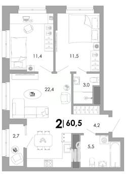 2-к квартира, вторичка, 61м2, 12/17 этаж