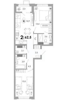 2-к квартира, вторичка, 63м2, 10/16 этаж