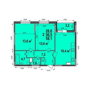 2-к квартира, строящийся дом, 58м2, 3/17 этаж