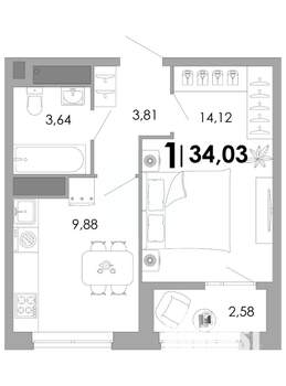 1-к квартира, вторичка, 34м2, 11/17 этаж