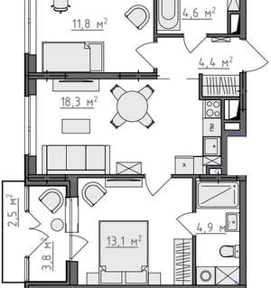 2-к квартира, вторичка, 60м2, 2/9 этаж