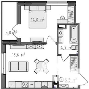 1-к квартира, вторичка, 45м2, 6/9 этаж