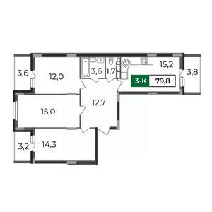3-к квартира, строящийся дом, 80м2, 7/17 этаж