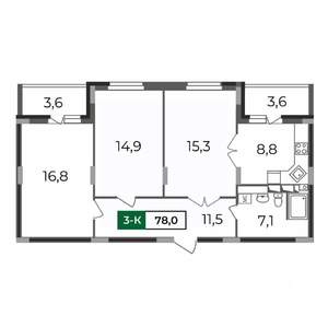 3-к квартира, строящийся дом, 78м2, 10/17 этаж