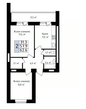 2-к квартира, вторичка, 63м2, 13/14 этаж