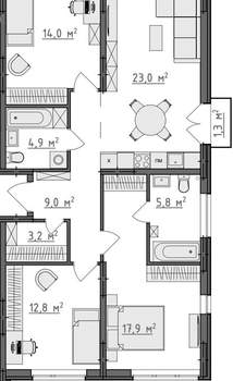 3-к квартира, вторичка, 91м2, 1/9 этаж