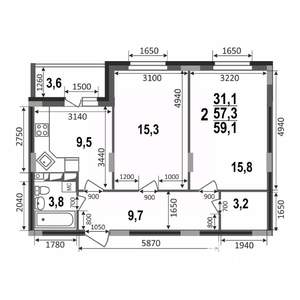 2-к квартира, строящийся дом, 59м2, 6/17 этаж