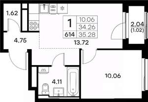 1-к квартира, вторичка, 35м2, 4/17 этаж